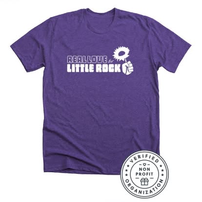 Purple Real Love for Little Rock tee with the sunflower fist logo