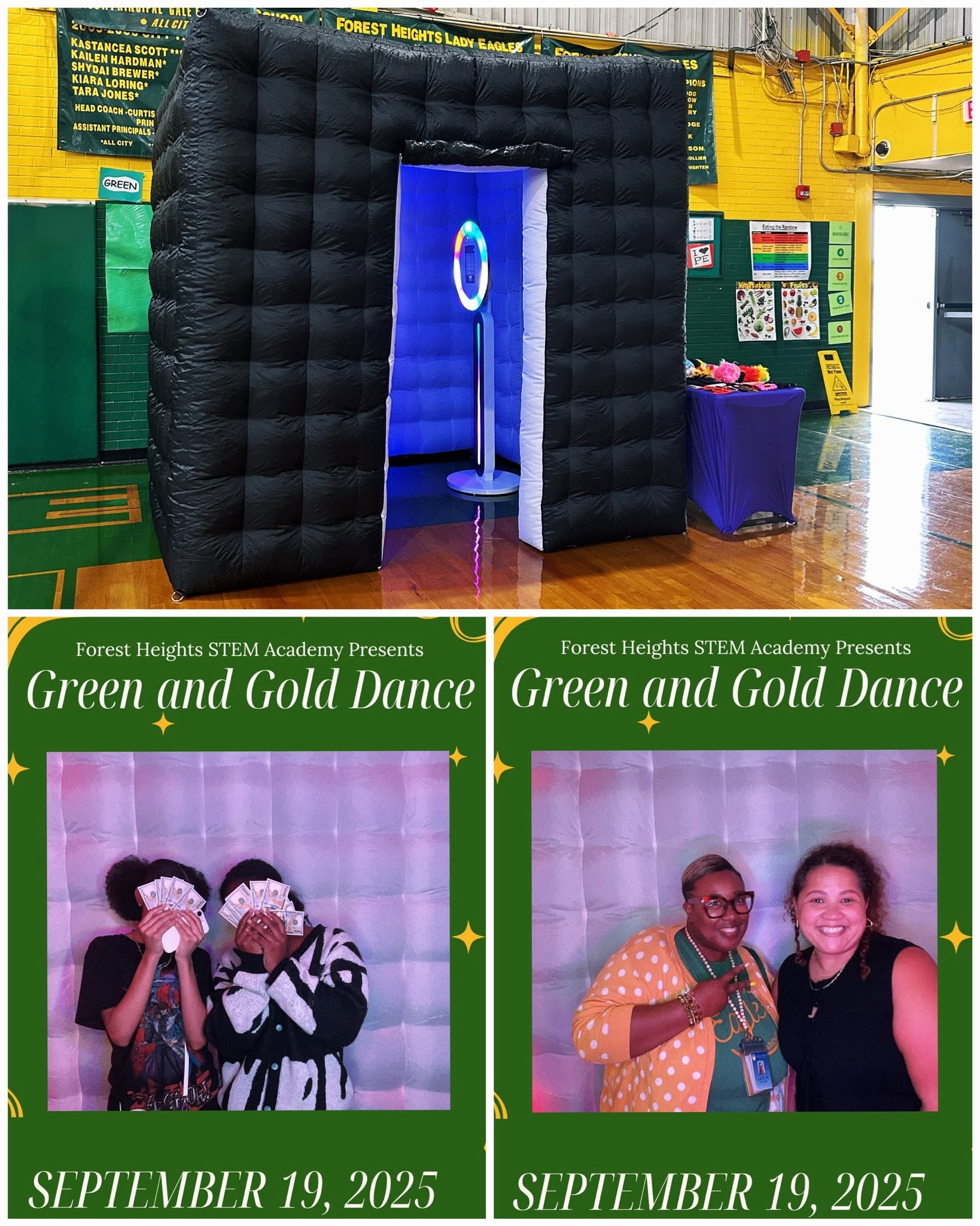 A photo booth and snapshots from the Forest Heights STEM Academy Green and Gold Dance