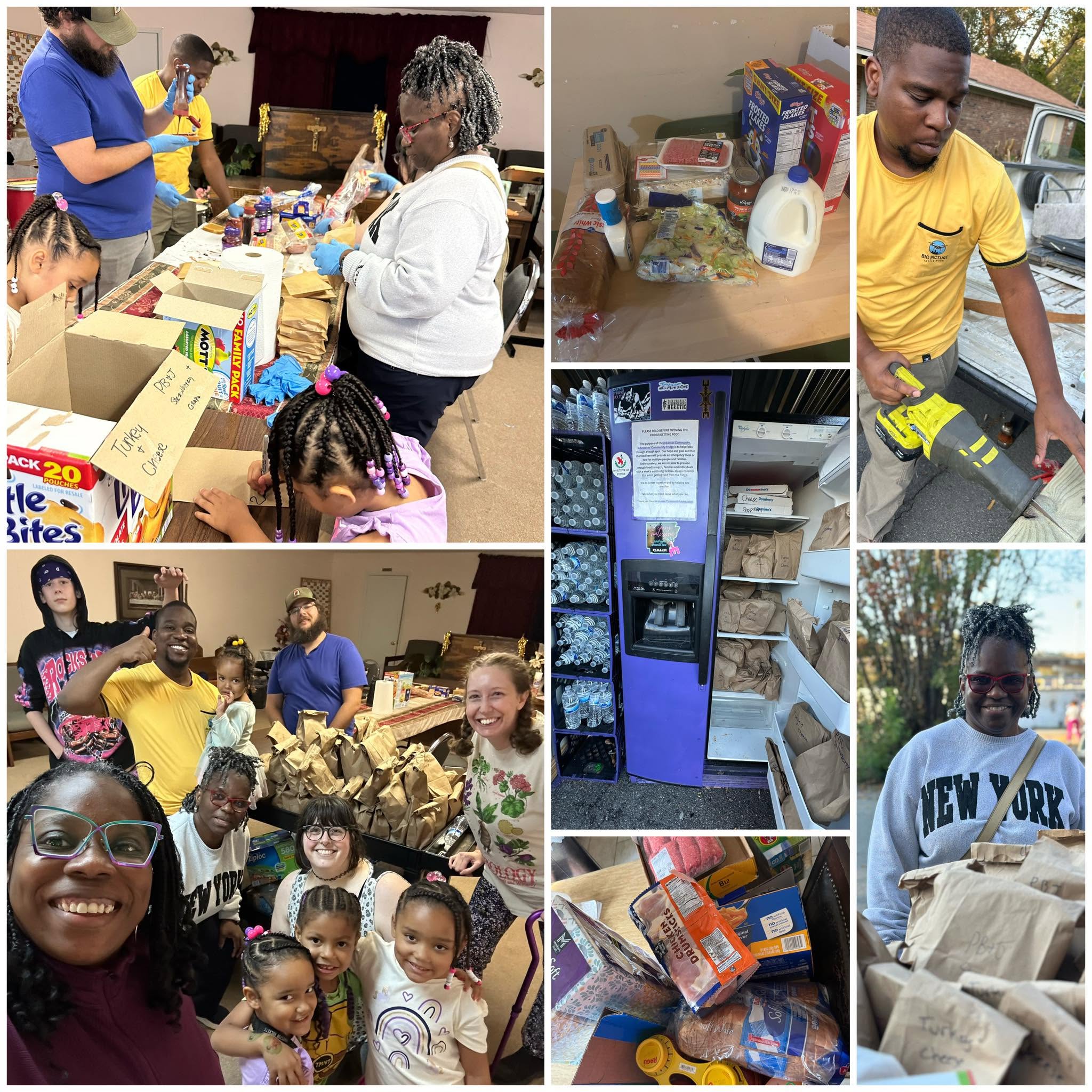 Volunteers packing sandwiches and stocking a purple community fridge with groceries