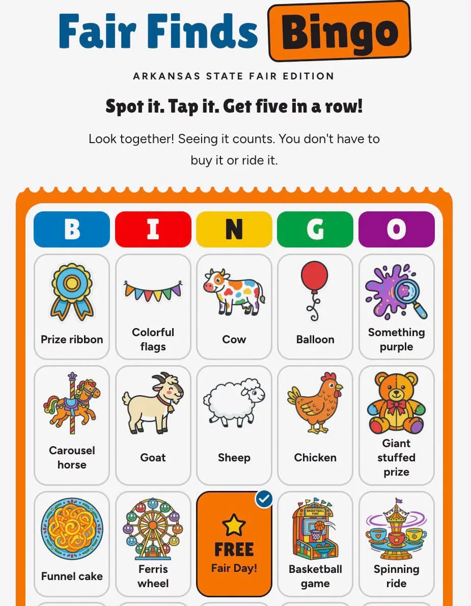 Fair Finds Bingo card by Rocktown Realness, with illustrated squares like a prize ribbon, cow, Ferris wheel, funnel cake, and a free “Fair Day!” center square