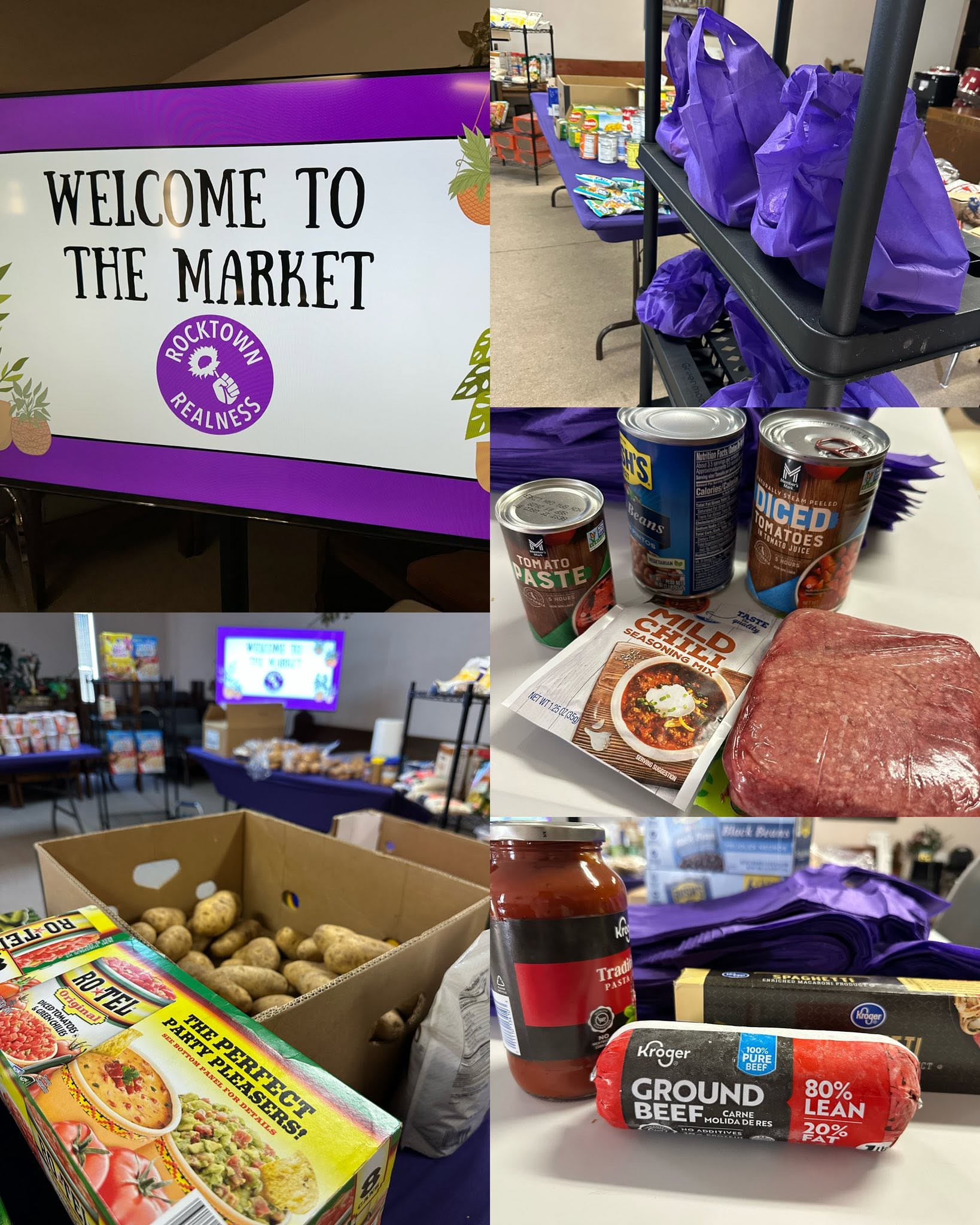 A Rocktown Realness no-cost market with a welcome screen, purple bags, canned goods, and fresh groceries
