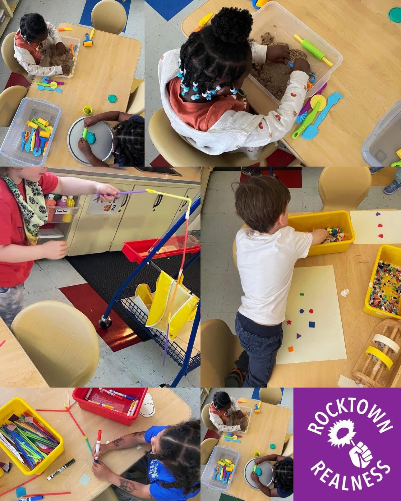 Pre-K students working with play dough, kinetic sand, stickers, and markers